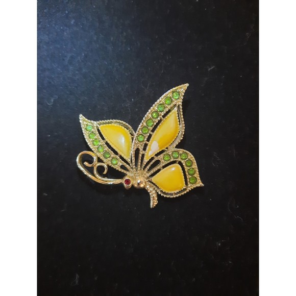 Butterfly Vintage Brooch Gold Tone Green Rhinestones  Yellow Enamel AS IS - Picture 2 of 8